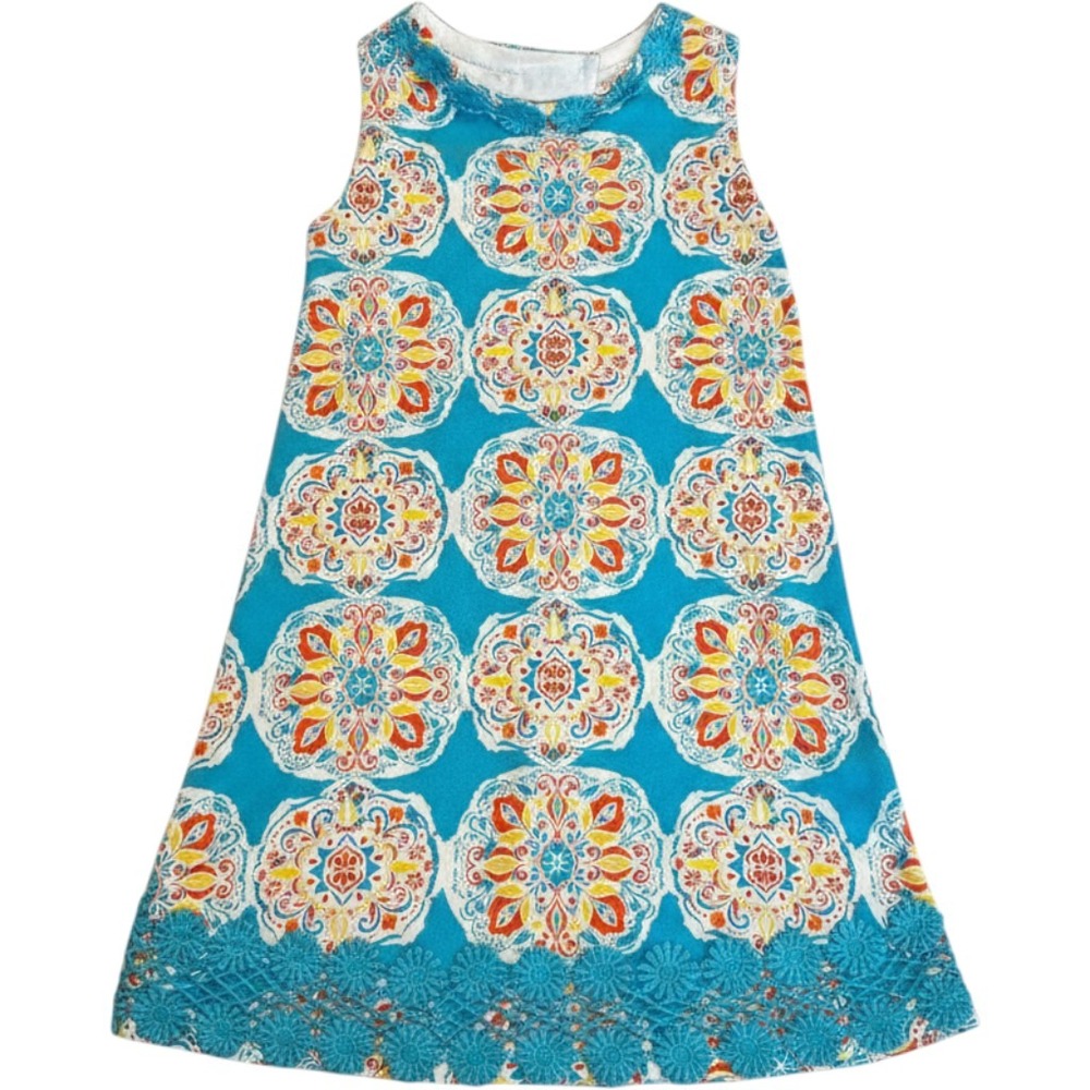 Counting Daisies Girls Blue Orange Mandala Medallion Bow Back Dress Size 5